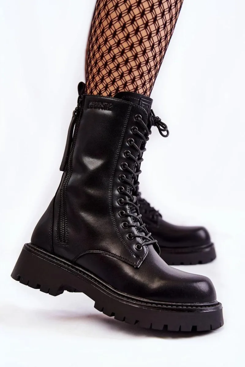 Damskie Trapery|Botki Sznurowane>Big Star Shoes Skórzane Botki Glany Big Star KK274494 Czarne