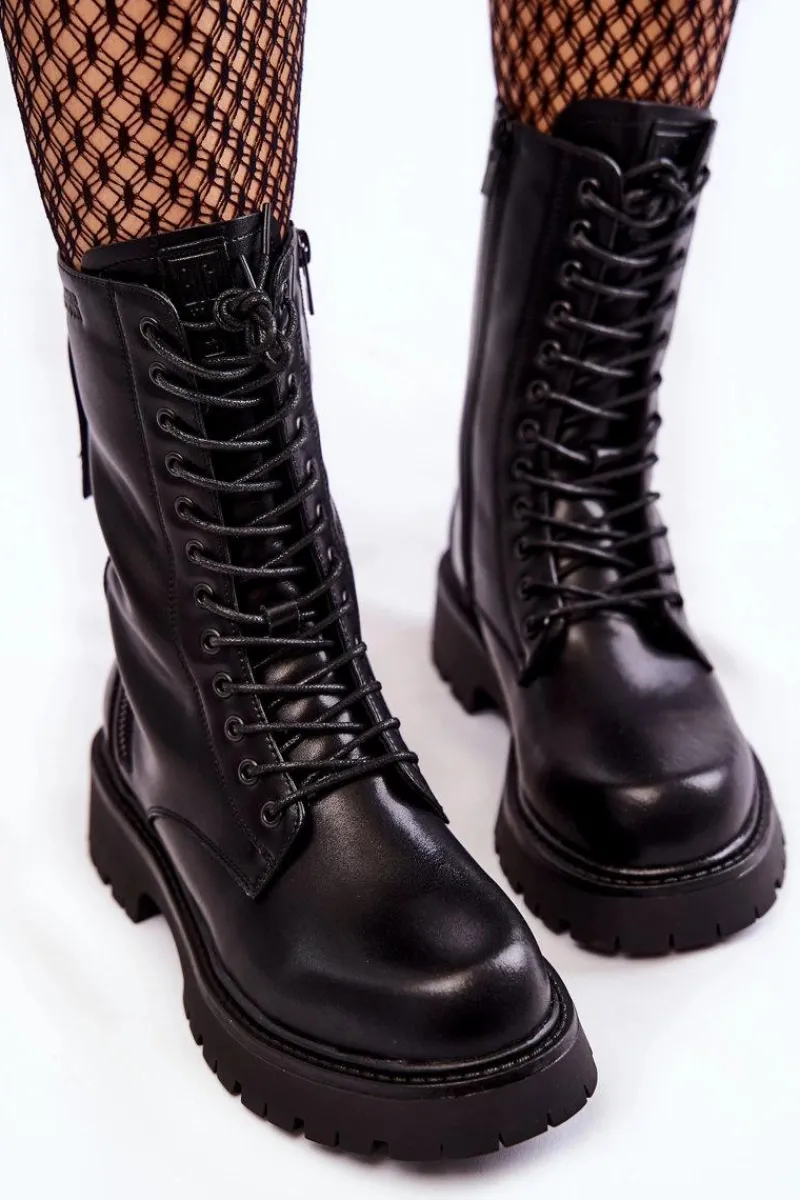 Damskie Trapery|Botki Sznurowane>Big Star Shoes Skórzane Botki Glany Big Star KK274494 Czarne