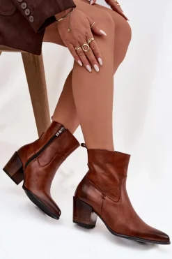 Sale Skórzane Botki Kowbojki Damskie Na Słupku Ocieplane 60565 Brązowe Damskie Botki Ocieplane|Botki Skórzane