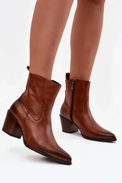 Sale Skórzane Botki Kowbojki Damskie Na Słupku Ocieplane 60565 Brązowe Damskie Botki Ocieplane|Botki Skórzane