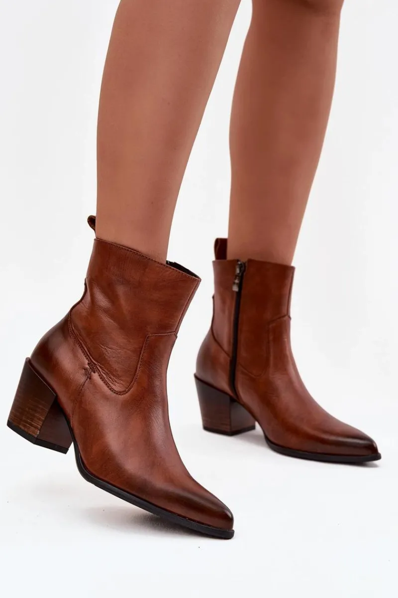 Sale Skórzane Botki Kowbojki Damskie Na Słupku Ocieplane 60565 Brązowe Damskie Botki Ocieplane|Botki Skórzane