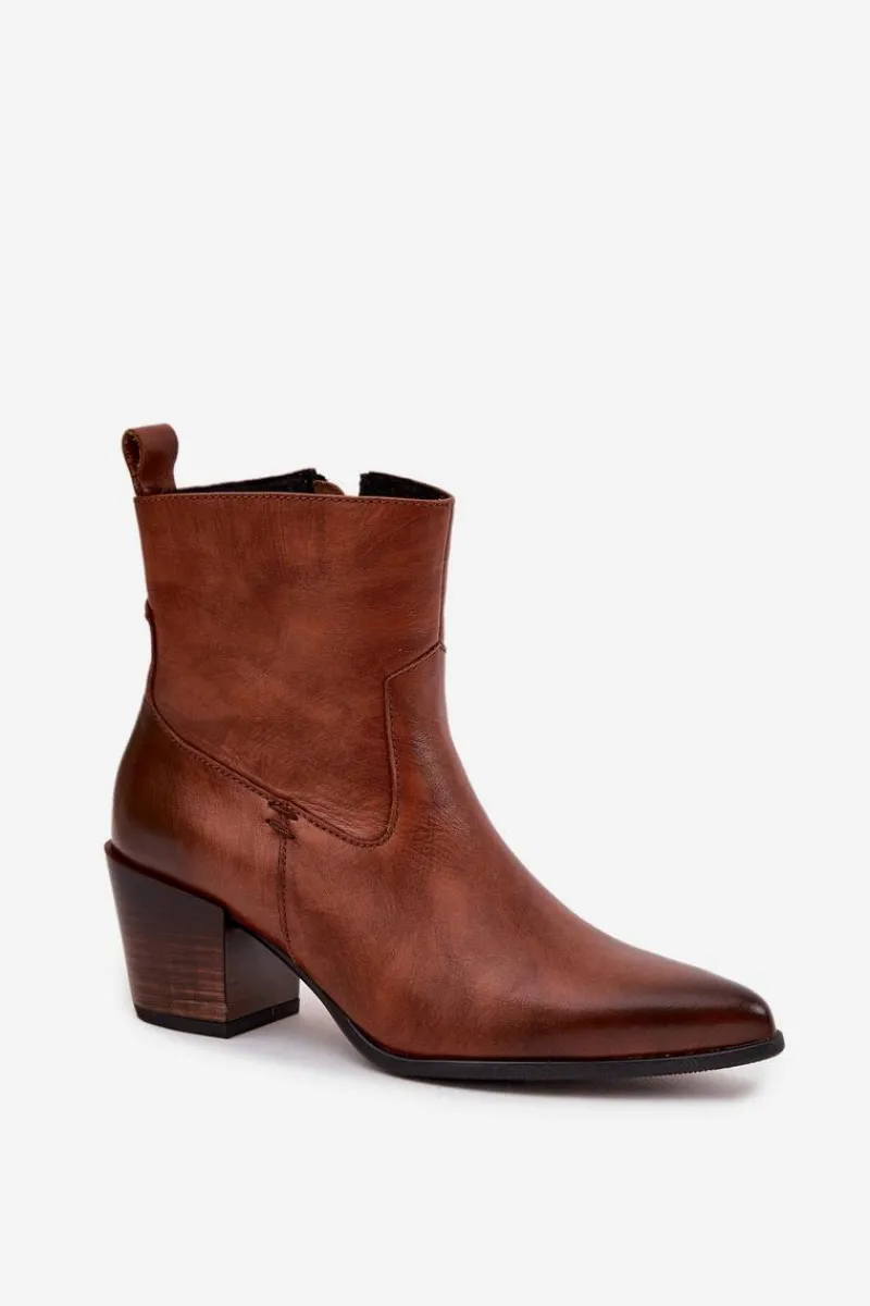 Sale Skórzane Botki Kowbojki Damskie Na Słupku Ocieplane 60565 Brązowe Damskie Botki Ocieplane|Botki Skórzane