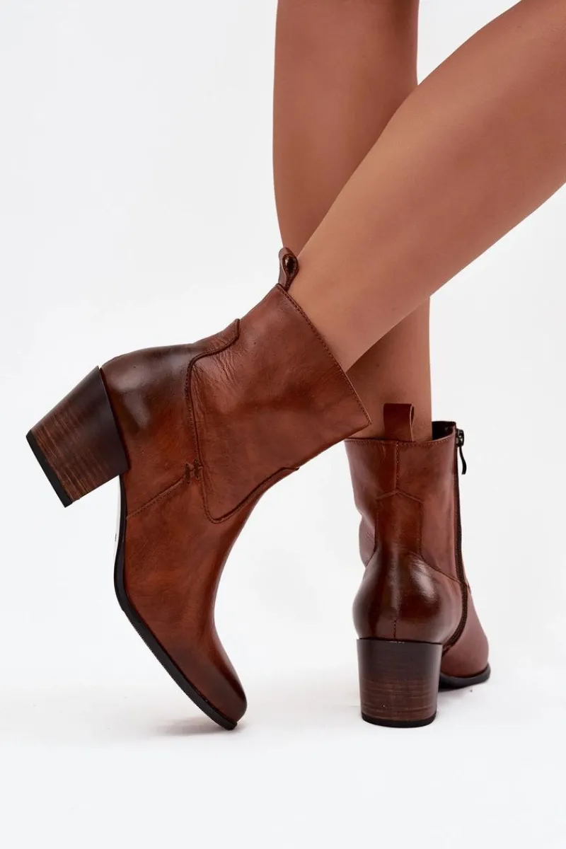 Sale Skórzane Botki Kowbojki Damskie Na Słupku Ocieplane 60565 Brązowe Damskie Botki Ocieplane|Botki Skórzane