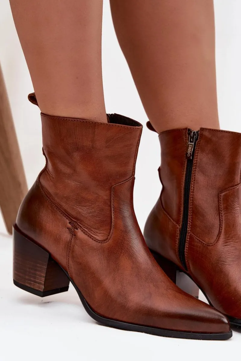 Sale Skórzane Botki Kowbojki Damskie Na Słupku Ocieplane 60565 Brązowe Damskie Botki Ocieplane|Botki Skórzane