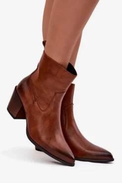 Sale Skórzane Botki Kowbojki Damskie Na Słupku Ocieplane 60565 Brązowe Damskie Botki Ocieplane|Botki Skórzane