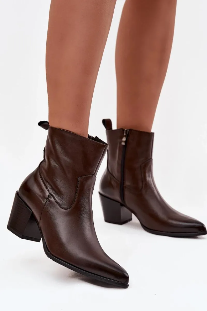 Online Zazoo Skórzane Botki Kowbojki Damskie Na Słupku Ocieplane 60565 Czekoladowe Brązowy