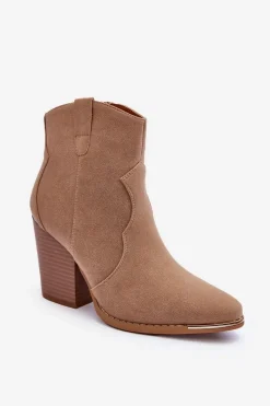 New Boto Skórzane Botki Kowbojki Na Obcasie Beżowe Lotoune