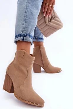 New Boto Skórzane Botki Kowbojki Na Obcasie Beżowe Lotoune