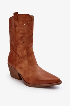 Outlet Skórzane Botki Kowbojki Na Niskim Obcasie Camel Ursuline Damskie Botki Wiosenne|Botki Na Słupku