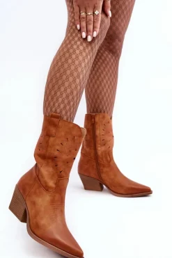 Outlet Skórzane Botki Kowbojki Na Niskim Obcasie Camel Ursuline Damskie Botki Wiosenne|Botki Na Słupku