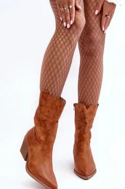 Outlet Skórzane Botki Kowbojki Na Niskim Obcasie Camel Ursuline Damskie Botki Wiosenne|Botki Na Słupku