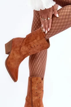 Outlet Skórzane Botki Kowbojki Na Niskim Obcasie Camel Ursuline Damskie Botki Wiosenne|Botki Na Słupku