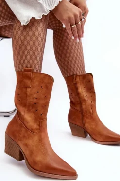 Outlet Skórzane Botki Kowbojki Na Niskim Obcasie Camel Ursuline Damskie Botki Wiosenne|Botki Na Słupku