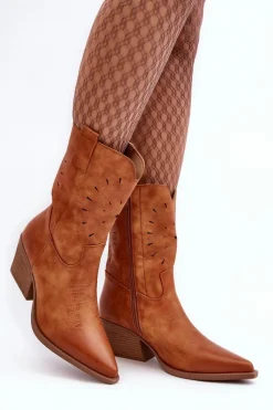 Outlet Skórzane Botki Kowbojki Na Niskim Obcasie Camel Ursuline Damskie Botki Wiosenne|Botki Na Słupku