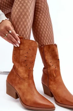 Outlet Skórzane Botki Kowbojki Na Niskim Obcasie Camel Ursuline Damskie Botki Wiosenne|Botki Na Słupku