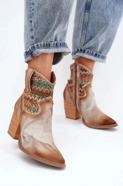 Clearance Skórzane Botki Kowbojki Na Słupku Z Ozdobną Plecionką 06810-29 Multikolor Damskie Botki Wiosenne|Botki Na Słupku