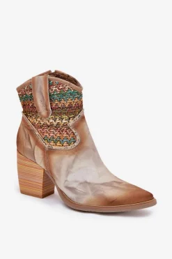 Clearance Skórzane Botki Kowbojki Na Słupku Z Ozdobną Plecionką 06810-29 Multikolor Damskie Botki Wiosenne|Botki Na Słupku