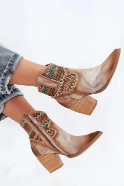 Clearance Skórzane Botki Kowbojki Na Słupku Z Ozdobną Plecionką 06810-29 Multikolor Damskie Botki Wiosenne|Botki Na Słupku