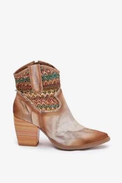 Clearance Skórzane Botki Kowbojki Na Słupku Z Ozdobną Plecionką 06810-29 Multikolor Damskie Botki Wiosenne|Botki Na Słupku