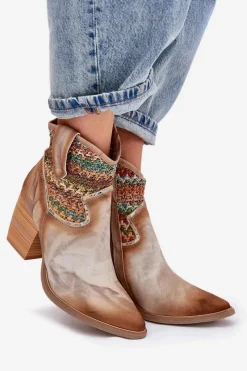 Clearance Skórzane Botki Kowbojki Na Słupku Z Ozdobną Plecionką 06810-29 Multikolor Damskie Botki Wiosenne|Botki Na Słupku