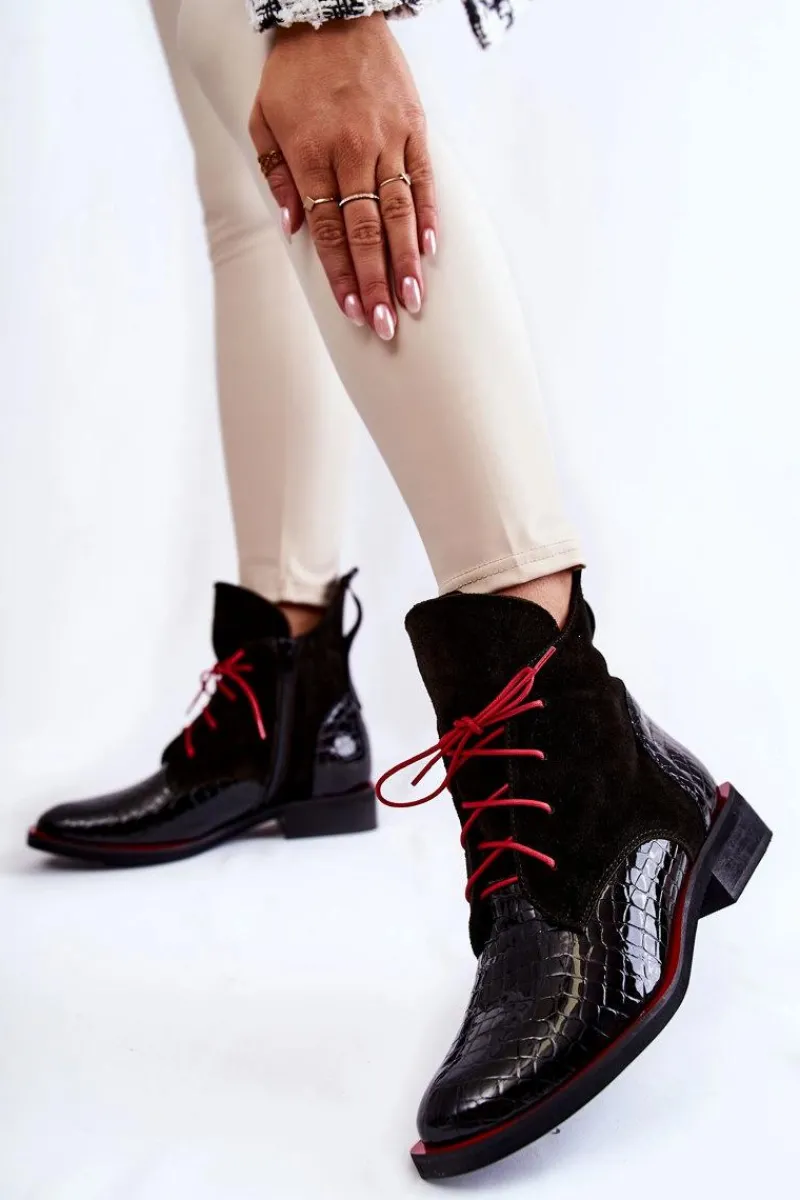 Skórzane Botki Krokodyli Wzór Czarno-Czerwone Cheyenne Damskie Botki Sznurowane|Czarne Botki