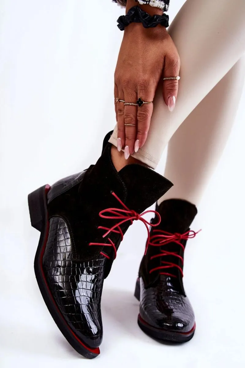 Skórzane Botki Krokodyli Wzór Czarno-Czerwone Cheyenne Damskie Botki Sznurowane|Czarne Botki