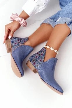 Botki Wiosenne|Botki Maciejka>Maciejka Skórzane Botki Granatowe Z Kwiatami 04091-64