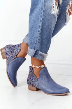 Botki Wiosenne|Botki Maciejka>Maciejka Skórzane Botki Granatowe Z Kwiatami 04091-64