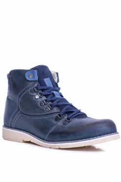 Outlet Skórzane Botki Męskie Ocieplane Granatowe Komodo 733 Męskie Botki Męskie