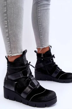 Botki Maciejka|Botki Skórzane></noscript>Maciejka Skórzane Botki Na Koturnie 06185-01 Czarne