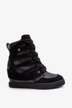 New Boto Skórzane Botki Na Koturnie Sznurowane Czarne Amria Czarny