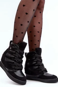 New Boto Skórzane Botki Na Koturnie Sznurowane Czarne Amria Czarny