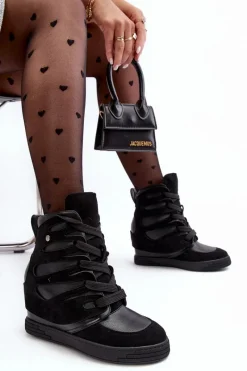 New Boto Skórzane Botki Na Koturnie Sznurowane Czarne Amria Czarny