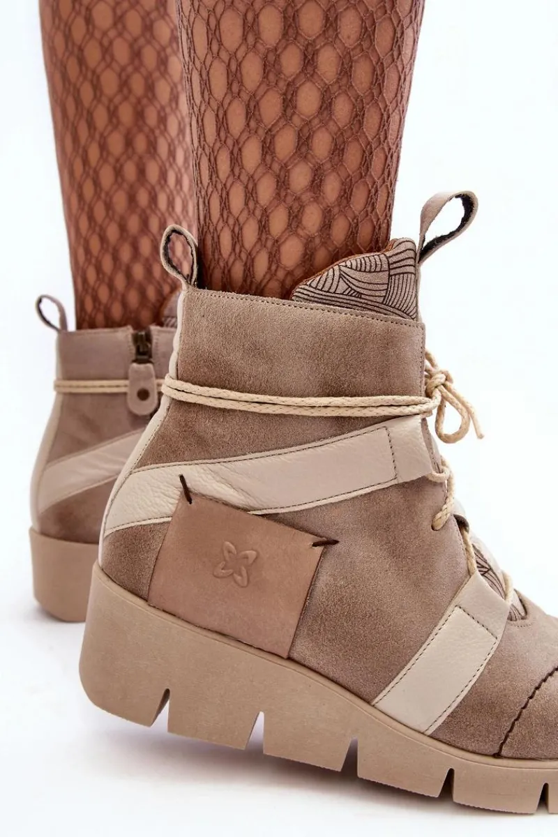 Botki Maciejka|Botki Skórzane>Maciejka Skórzane Botki Na Koturnie 06185-22 Jasnobeżowe