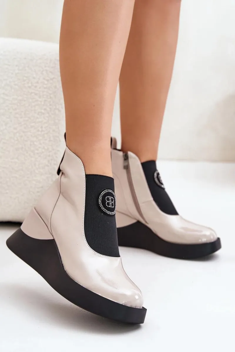 Botki Na Koturnie|Brązowe I Beżowe Botki>Damskie buty S.Barski Skórzane Botki Na Koturnie D&A MR880-137 Beżowe