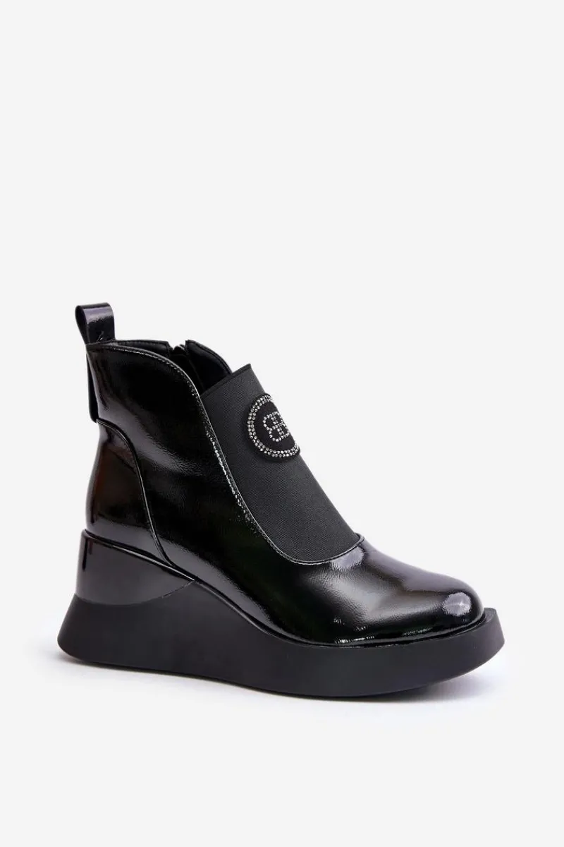 Clearance Damskie buty S.Barski Skórzane Botki Na Koturnie D&A MR880-137 Czarne