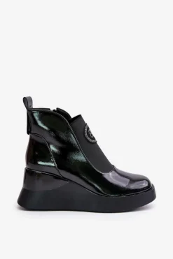 Clearance Damskie buty S.Barski Skórzane Botki Na Koturnie D&A MR880-137 Czarne