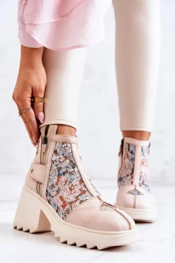 Sale Maciejka Skórzane Botki Na Masywnym Słupku Beżowe 05325-04