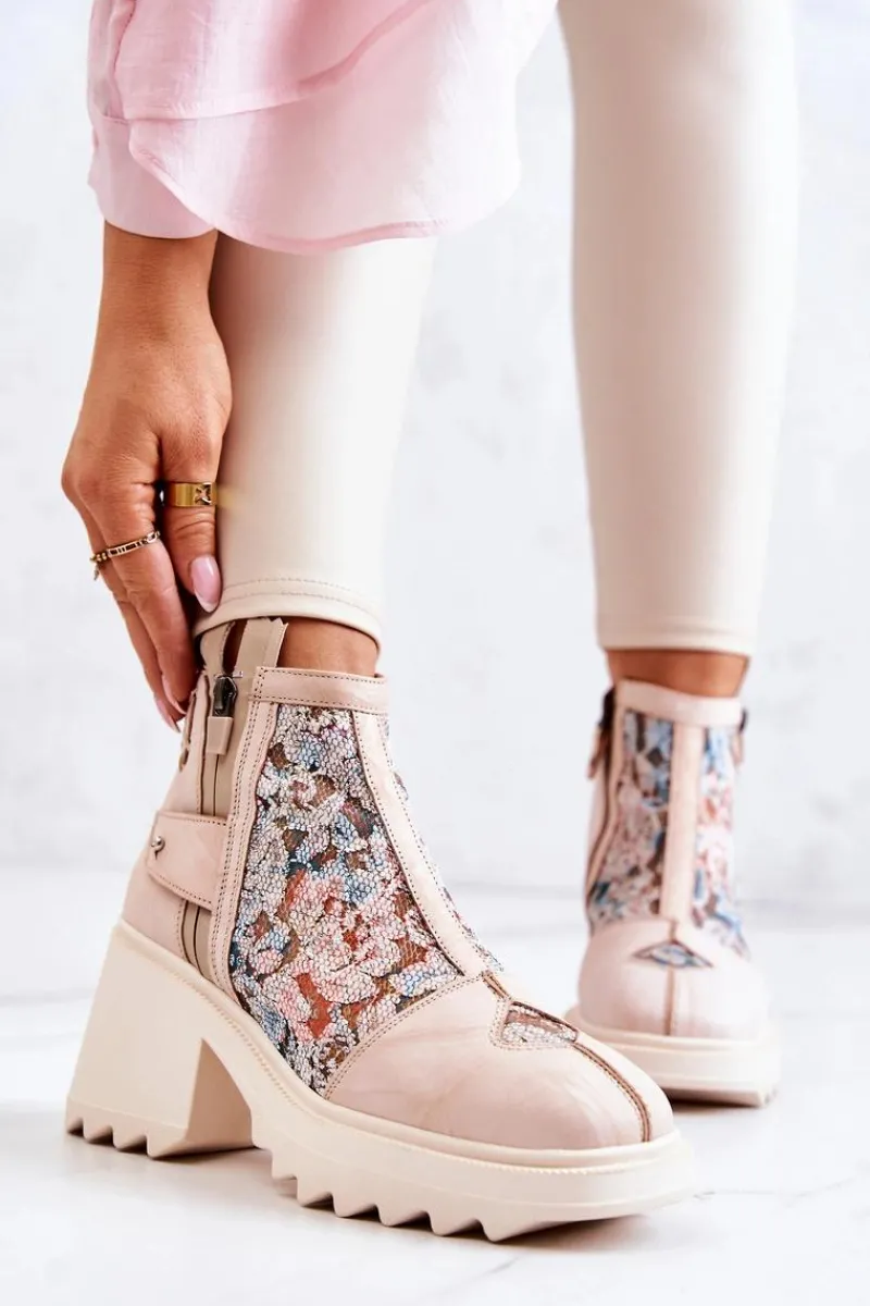 Sale Maciejka Skórzane Botki Na Masywnym Słupku Beżowe 05325-04