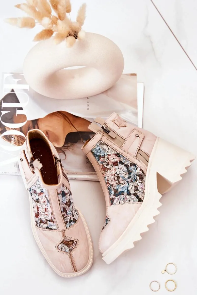 Sale Maciejka Skórzane Botki Na Masywnym Słupku Beżowe 05325-04