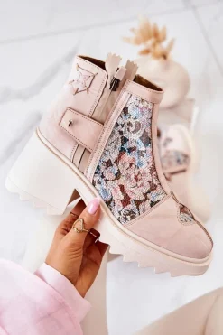 Sale Maciejka Skórzane Botki Na Masywnym Słupku Beżowe 05325-04