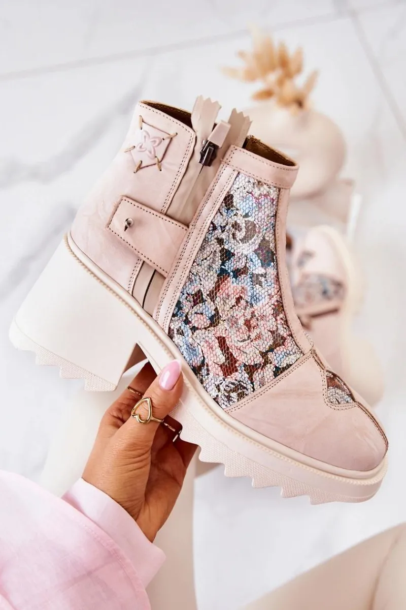 Sale Maciejka Skórzane Botki Na Masywnym Słupku Beżowe 05325-04