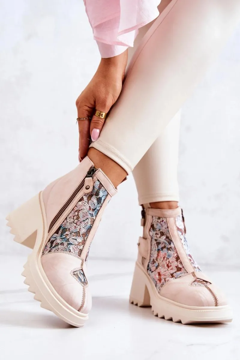 Sale Maciejka Skórzane Botki Na Masywnym Słupku Beżowe 05325-04