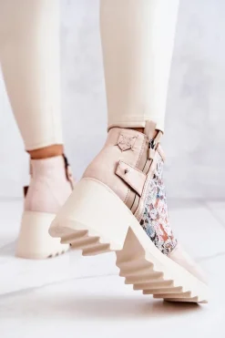 Sale Maciejka Skórzane Botki Na Masywnym Słupku Beżowe 05325-04