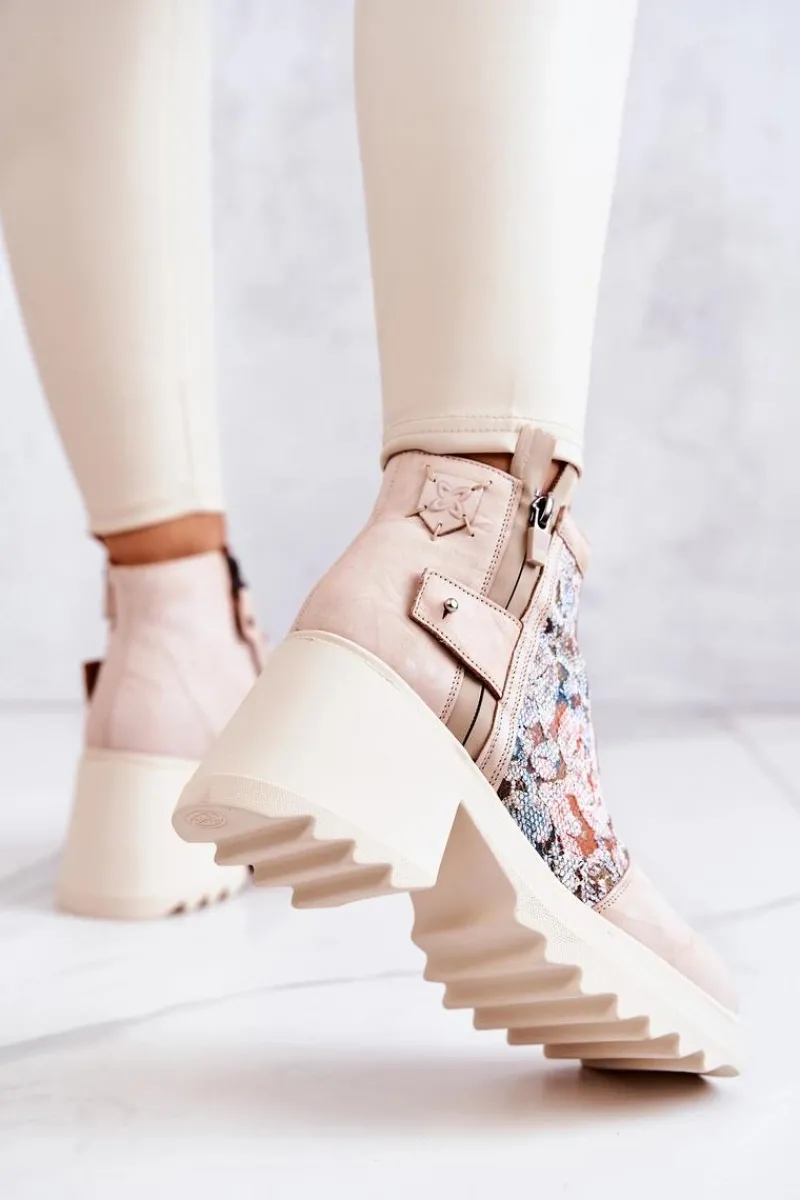 Sale Maciejka Skórzane Botki Na Masywnym Słupku Beżowe 05325-04