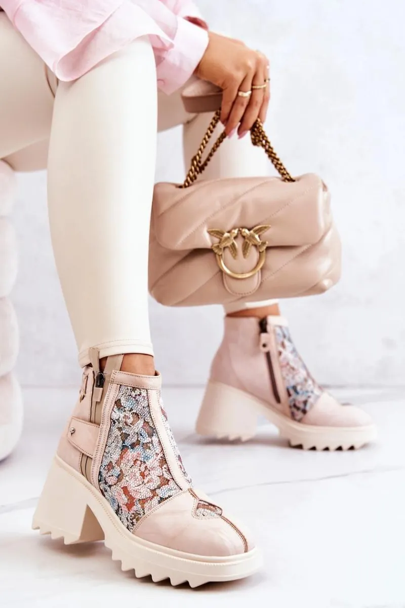 Sale Maciejka Skórzane Botki Na Masywnym Słupku Beżowe 05325-04