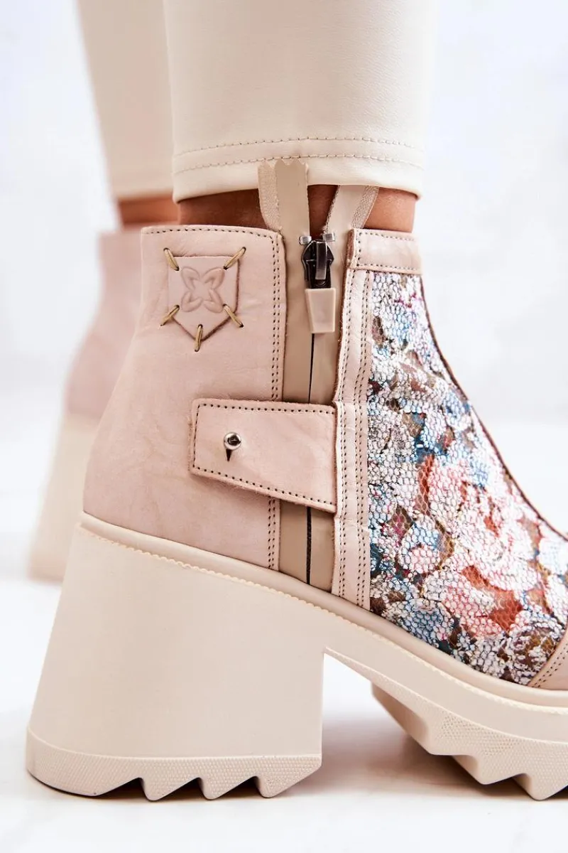 Sale Maciejka Skórzane Botki Na Masywnym Słupku Beżowe 05325-04