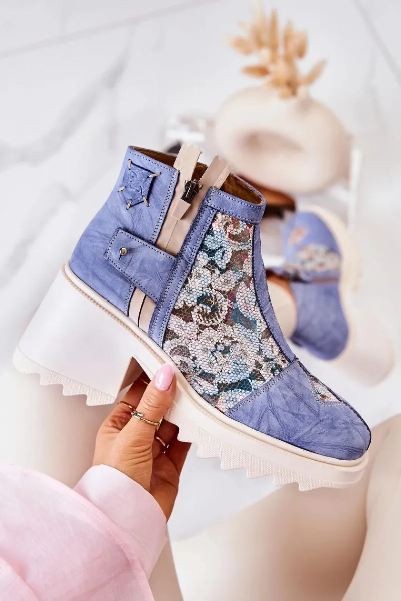 Outlet Skórzane Botki Na Masywnym Słupku Niebieskie 05325-06 Damskie Botki Wiosenne|Botki Maciejka