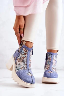 Outlet Skórzane Botki Na Masywnym Słupku Niebieskie 05325-06 Damskie Botki Wiosenne|Botki Maciejka