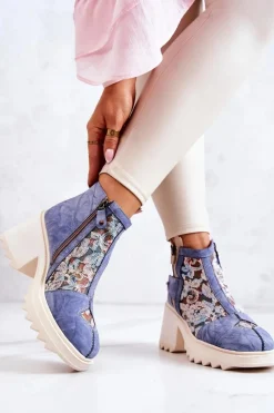 Outlet Skórzane Botki Na Masywnym Słupku Niebieskie 05325-06 Damskie Botki Wiosenne|Botki Maciejka